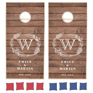 Rustic Wood Foliage Monogram Wedding Reception Cornhole Set