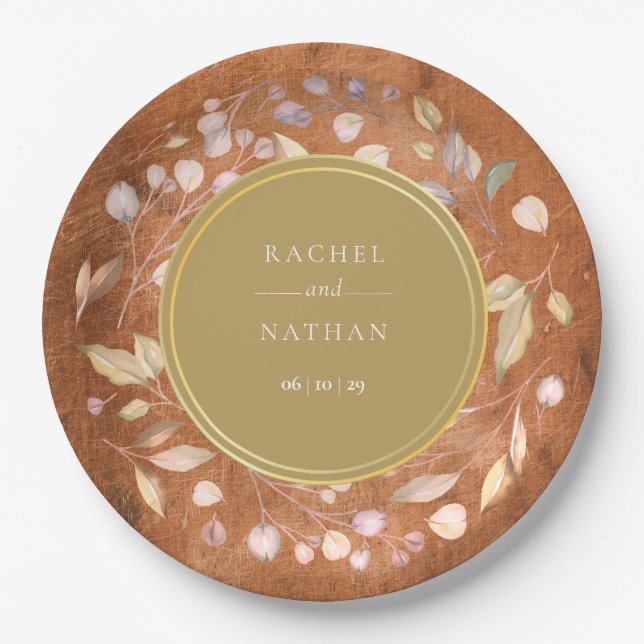 Rustic Wood Foliage Wedding Paper Plates (Front)