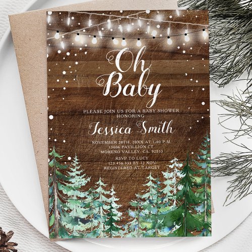 Rustic Wood Forest Pine Trees Oh Baby Baby Shower Invitation