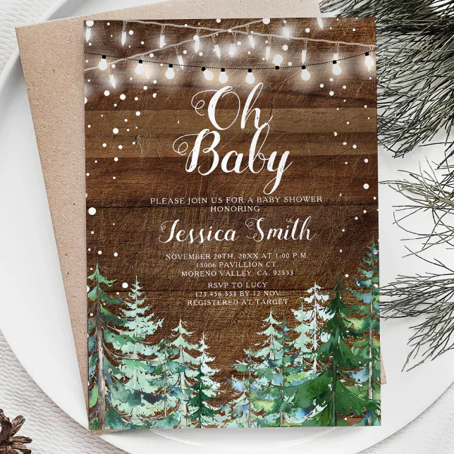 Rustic Wood Forest Pine Trees Oh Baby Baby Shower Invitation | Zazzle