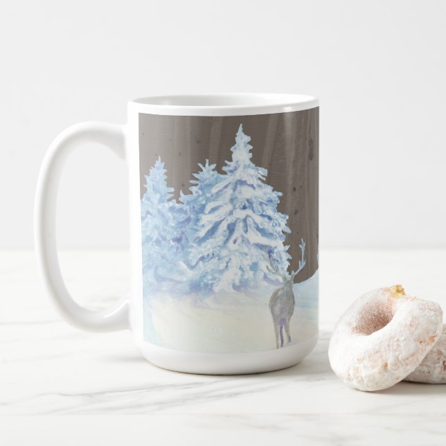 Rustic Wood Forest Snow Dreaming White Christmas Coffee Mug (With Donut)