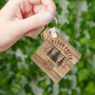 Rustic Wood Forest Trees Cabin Rental Property Keychain
