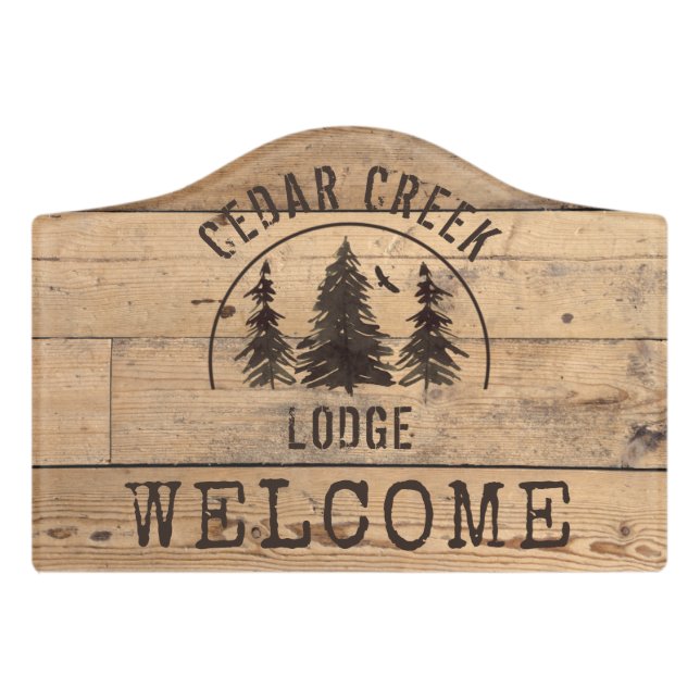 Rustic Wood Forest Trees Personalized Welcome Door Sign (Small Crest Front)