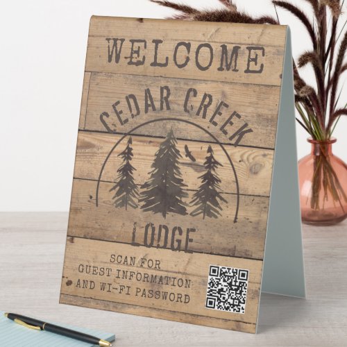 Rustic Wood Forest Trees Welcome QR Code Table Tent Sign