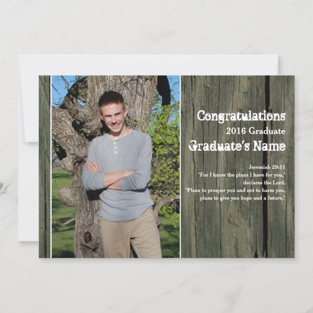 Rustic Wood Four Photo Scripture Graduation Announcement (Front)