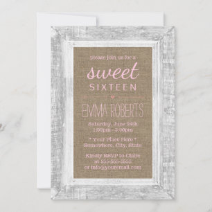 Rustic Wood Frame Burlap Sweet 16 Pink Birthday Invitation