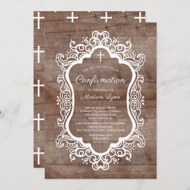 Rustic Wood Frame Cross Confirmation Invitation (Front/Back)