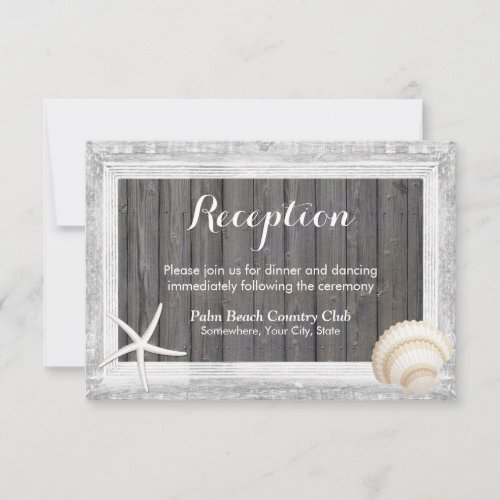 Rustic Wood Frame Seashell Beach Wedding Reception 3.5x5 Paper Invitation Card