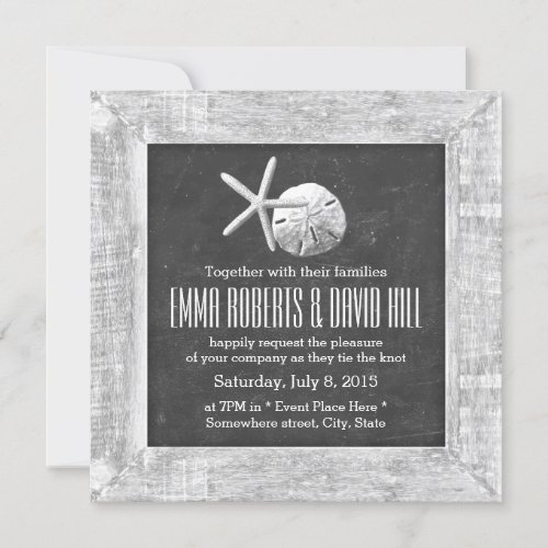 Rustic Wood Frame Seashells Beach Wedding 5.25x5.25 Square Paper Invitation Card