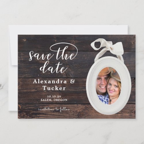 Rustic Wood Frame Two Photo Save the Date 