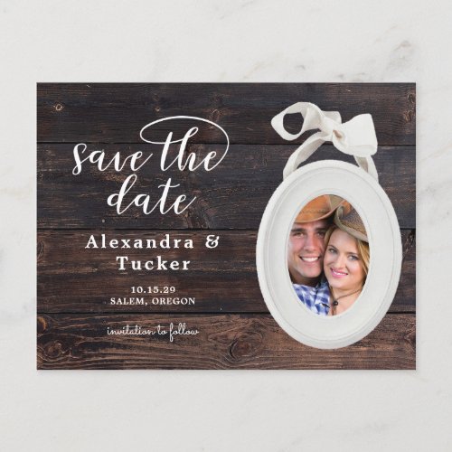 Rustic Wood Frame Two Photo Save the Date  Announcement Postcard