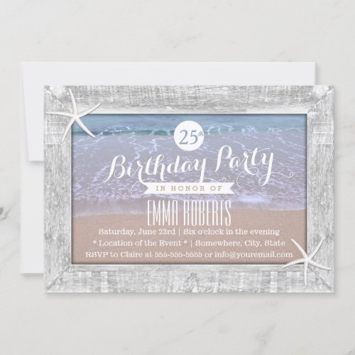 Rustic Wood Framed Starfish Beach Birthday Party 5x7 Paper Invitation Card