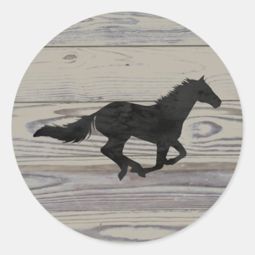 Rustic Wood Galloping Horse Watercolor Silhouette Classic Round Sticker