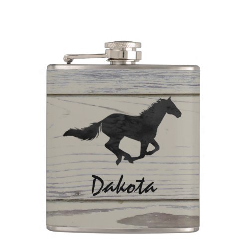 Rustic Wood Galloping Horse Watercolor Silhouette Flask