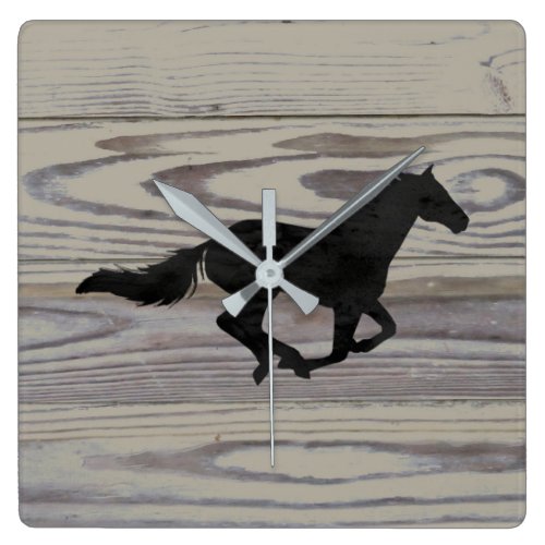 Rustic Wood Galloping Horse Watercolor Silhouette Square Wall Clock