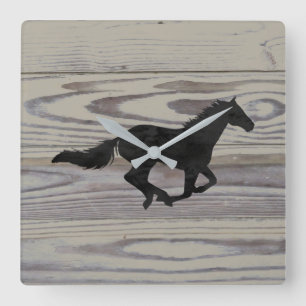 Rustic Wood Galloping Horse Watercolor Silhouette Square Wall Clock