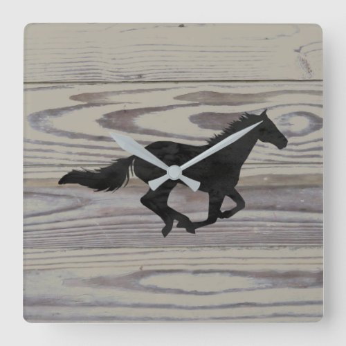 Rustic Wood Galloping Horse Watercolor Silhouette Square Wall Clock