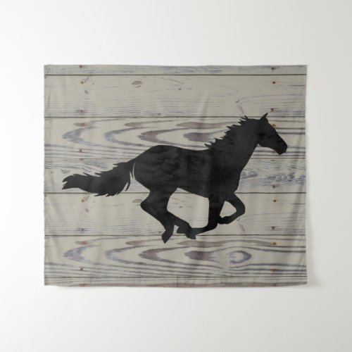 Rustic Wood Galloping Horse Watercolor Silhouette Tapestry