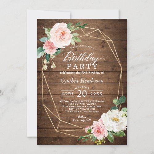 Rustic Wood Geometric Blush Floral Birthday Party Invitation
