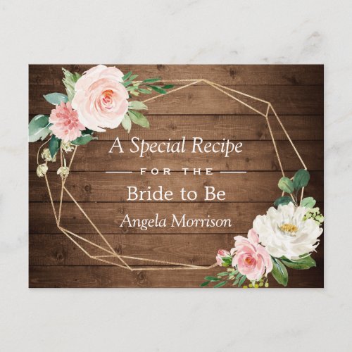 Rustic Wood Geometric Blush Floral Bridal Recipe Postcard