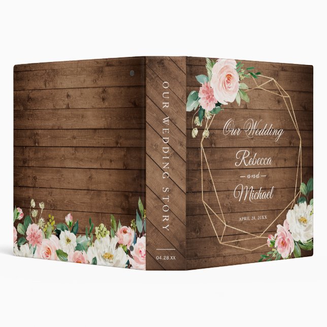 Rustic Wood Geometric Blush Floral Wedding Album 3 Ring Binder (Background)