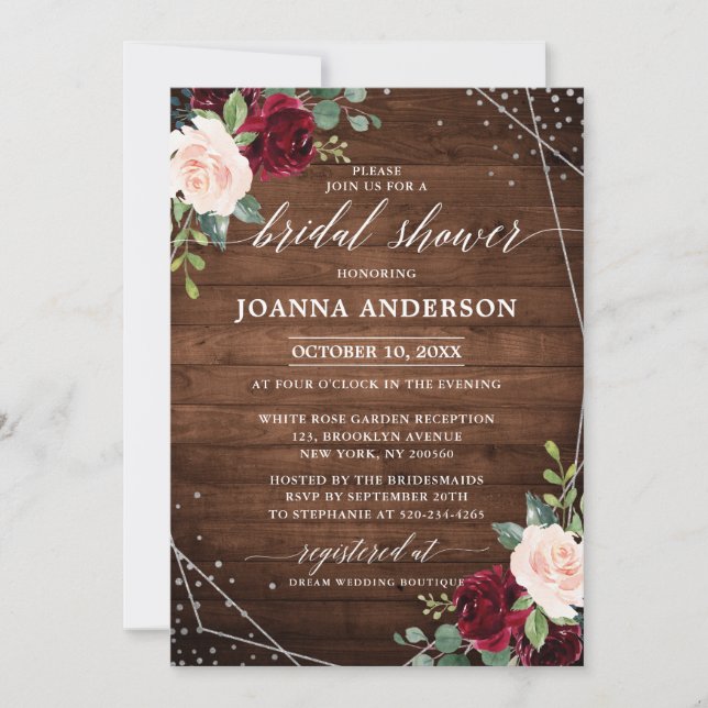 Rustic Wood Geometric Burgundy Bridal Shower Invitation (Front)