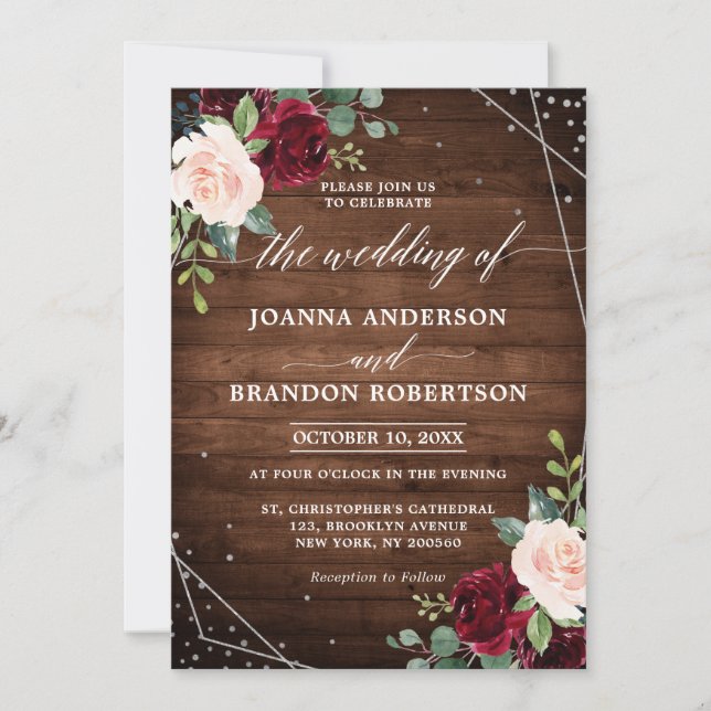 Rustic Wood Geometric Burgundy Floral Wedding Invitation (Front)