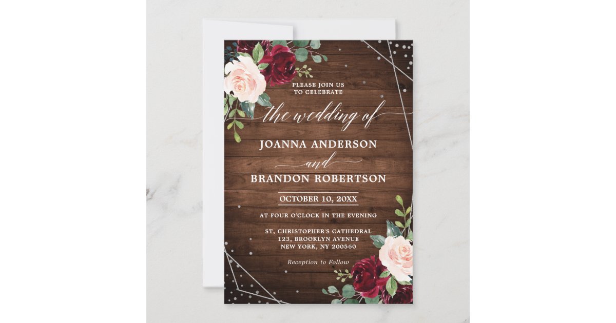 Burgundy Blush Floral Rustic Barn Wood Wedding Invitation, Zazzle