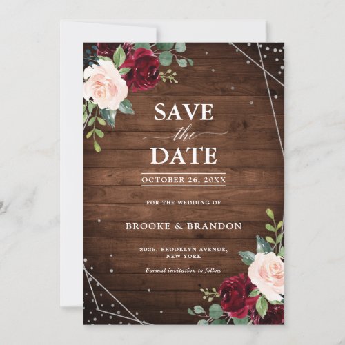Rustic Wood Geometric Burgundy Floral Wedding  Save The Date