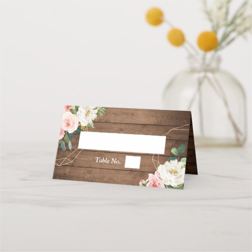 Rustic Wood Geometric Frame Blush Floral Wedding Place Card