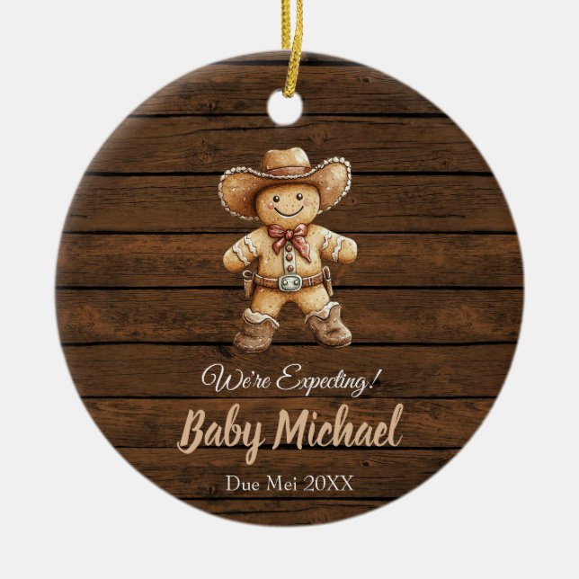 Rustic Wood Gingerbread We're Expecting Gift Ceramic Ornament (Front)