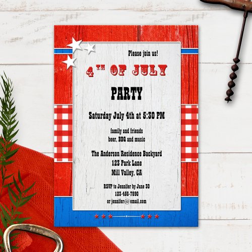 Rustic Wood Gingham 4th of July Party Invitation