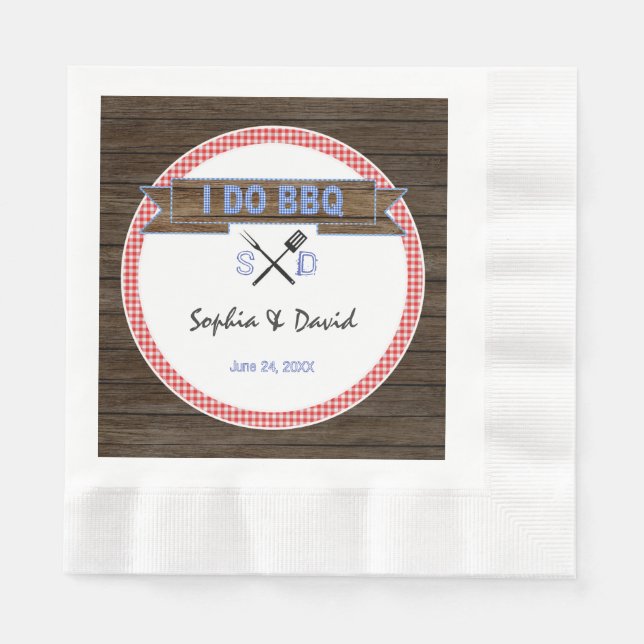 Rustic Wood Gingham I DO BBQ Couples Shower Napkins (Front)