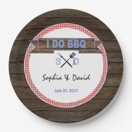 Rustic Wood Gingham I DO BBQ Couples Shower Paper Plates