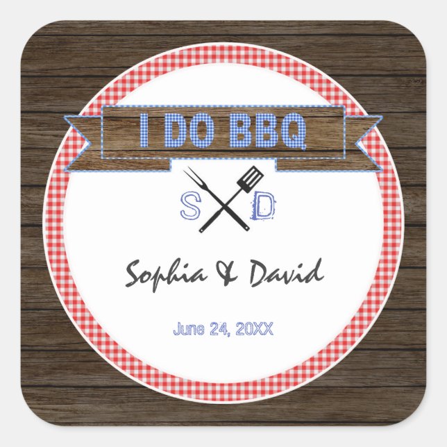 Rustic Wood Gingham I DO BBQ Couples Shower Square Sticker (Front)