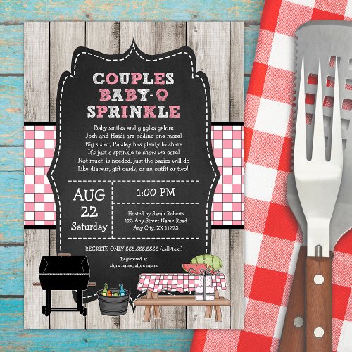 Rustic Wood Girl Couples Baby Q Sprinkle Shower Invitation
