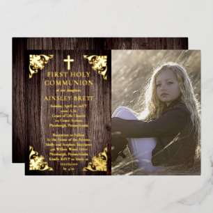 Rustic Wood Girl Photo First Holy Communion - Gold Foil Invitation