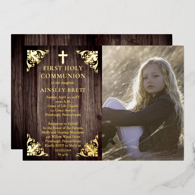 Rustic Wood Girl Photo First Holy Communion - Gold Foil Invitation (Front/Back)