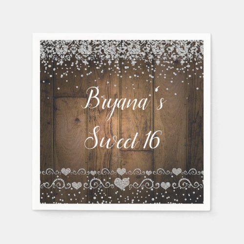 Rustic Wood Glam Diamonds Glitter Birthday Party Napkins