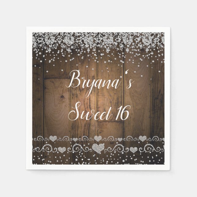 Rustic Wood Glam Diamonds Glitter Birthday Party Napkins (Front)