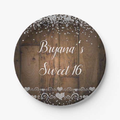 Rustic Wood Glam Diamonds Glitter Birthday Party Paper Plates