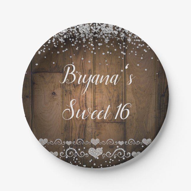 Rustic Wood Glam Diamonds Glitter Birthday Party Paper Plates (Front)