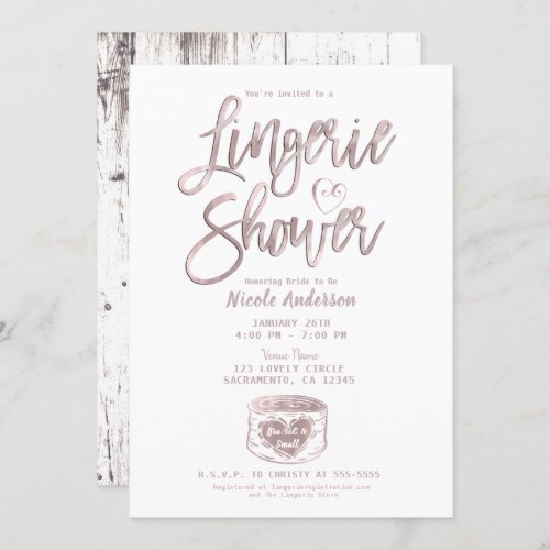 Rustic Wood Glam Rose Gold Pink Lingerie Shower   Invitation