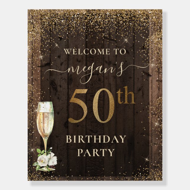 Rustic Wood Glitter 50th Birthday Welcome Foam Board (Front)