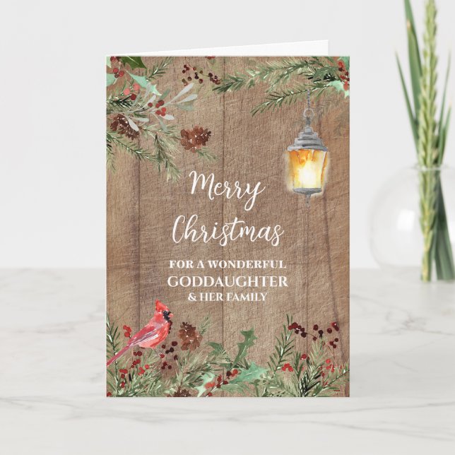 Rustic Wood Goddaughter & Family Merry Christmas Card (Front)