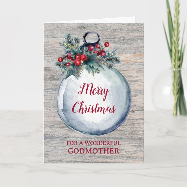 Rustic Wood Godmother Merry Christmas Card (Front)