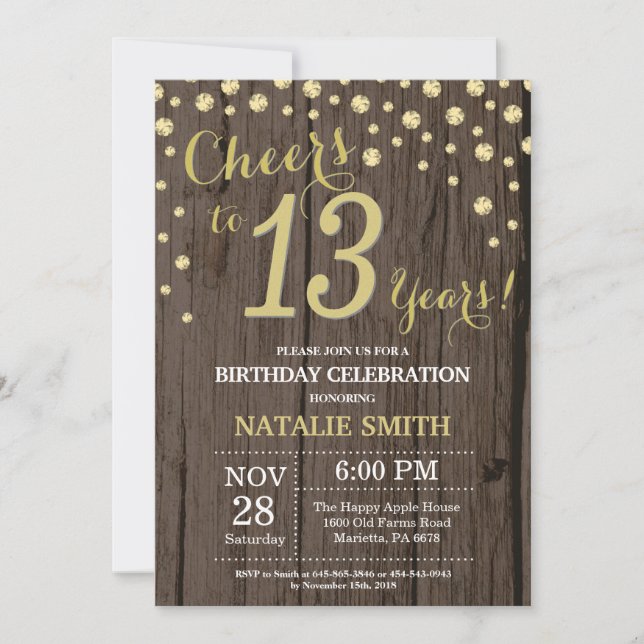 Rustic Wood Gold 13th Birthday Diamond Invitation (Front)
