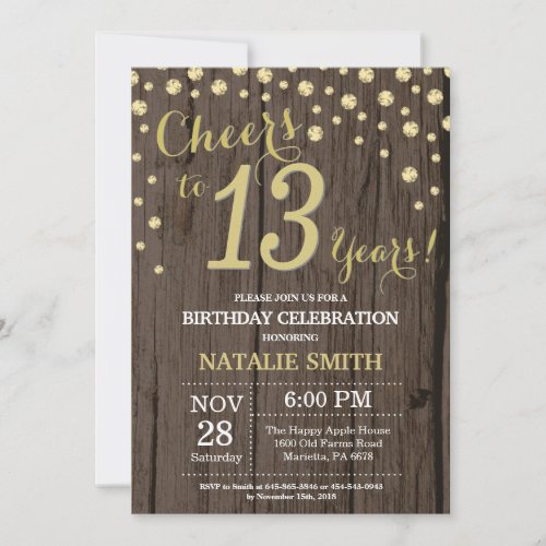 Rustic Wood Gold 13th Birthday Diamond Invitation