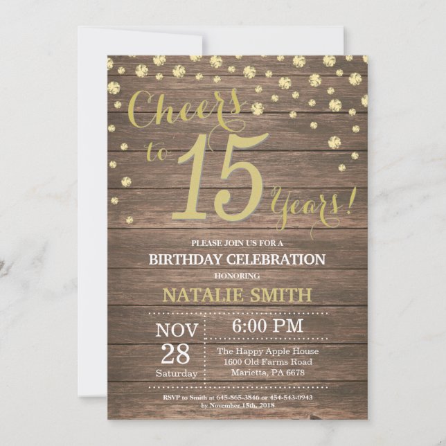 Rustic Wood Gold 15th Birthday Diamond Invitation (Front)