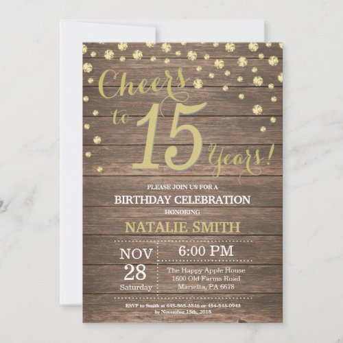 Rustic Wood Gold 15th Birthday Diamond Invitation